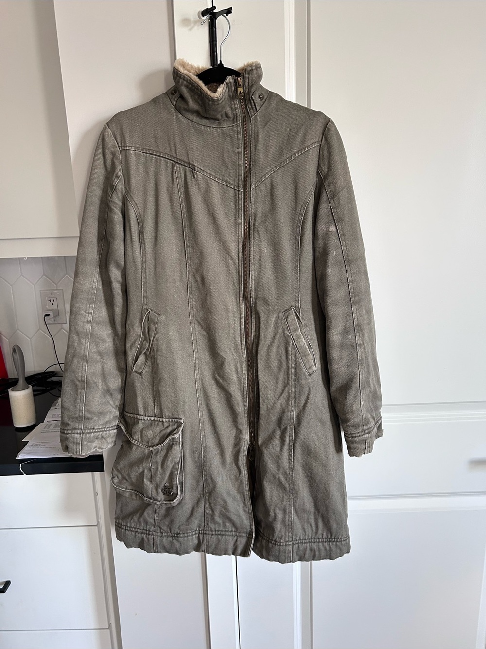 Hemp Hoodlamb Olive Green Distressed Winter Jacket Hemp Faux Fur Eco Parka